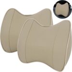 2 Pack Car Neck Pillow, Softness Leather Car Headrest Pillow, 100% Memory Foam and Breathable Removable Cover, Neck Support Head Pillow for Ergonomic Design (Beige)