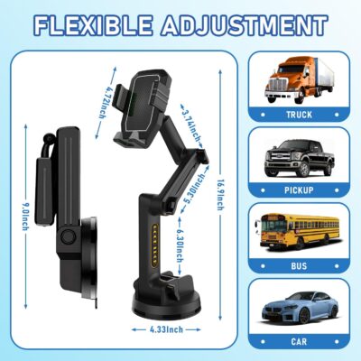 Truck Phone Holder Mount,Car Phone Holder,Dashboard Windshield Phone Holder 16.9 inch Long Arm,Super Suction Cup Compatible with Pickup Truck,Commercial Truck and All Phone - Image 3