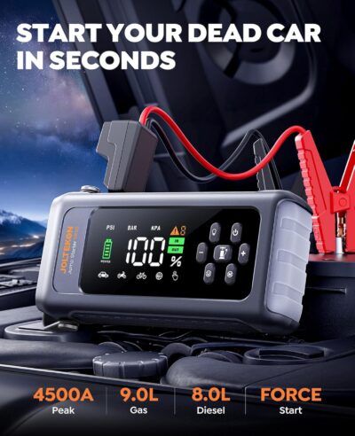 Car Battery Jump Starter with Air Compressor 4500A 150PSI, Car Jumper Starter Portable (9L Gas/8L Diesel), Jump Box Car Battery with Auto-Shutoff Tire Inflator, Jumper Cables and Light - Image 2