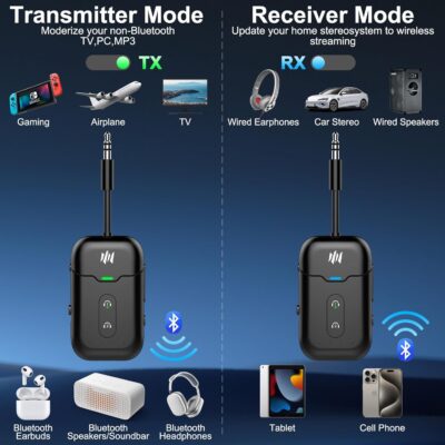 Premium Airplane Bluetooth 5.4 Transmitter Adapter,Supports 2 AirPods/Headphones 2-in-1 Bluetooth Transmitter Receiver with aptX Low Latency,Wireless Adapter for Flight,TV,Gym,Tablets Car Stereo - Image 2