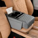 Car Armrest Cushion, Car Center Console Cover, Leather Armrest Cover for Car, Universal Middle Console Cushion with Storage Box, Cup Holder, Phone Slot, Waterproof Interior Accessories (Light gray) - Image 8