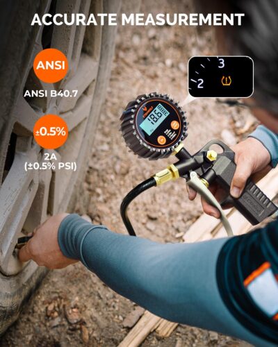 ETENWOLF T500 Digital Tire Pressure Gauge with Inflator, Tire Gauge 0-250 PSI, Calibrated to ANSI B40.7 Grade 2A, Air Chuck & Compressor Accessories with Storage Bag, Black - Image 2