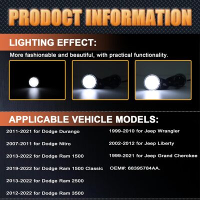 LED Interior Courtesy Lights Footwell Lights Under Dashboard Courtesy Floor Lamp for Dodge RAM,for Durango,Nitro,for Jeep Wrangler,Liberty,Grand Cherokee,18-SMD Under Hood Lamp (White) - Image 2