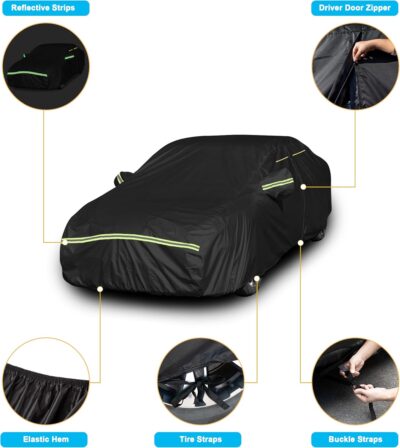 INSAUTO Heavy Duty Waterproof All-Weather Car Cover for Sedans (194–202 Inches), Outdoor Full Car Cover with Door Zipper, Protects from Sun, Rain, Snow, Dust & UV (Black) - Image 3