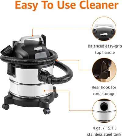 Amazon Basics Wet Dry Shop Vacuum Cleaner, 4 Gallon, 3 HP Stainless Steel, Grey/Black - Image 3