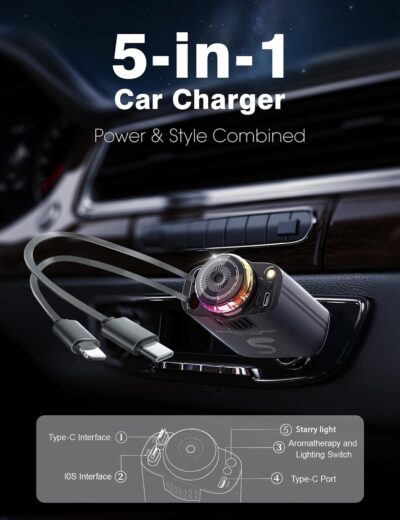 Retractable Car Charger USB C Fast Charging 120W, Car Accessories Cigarette Lighter Adapter with Aromatherapy Starlight, Car Charger iPhone16 15 14 13 12 11 Essentials Gifts for Traveler, Men, Women - Image 4