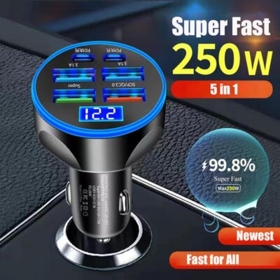 Super Fast Charge USB C Car Phone Charger Adapter 6 in 1 with Voltage Display 250W Multi Port Cigarette Lighter USB Charge for iPhone 16 15 14 13 12 11 Samsung Galaxy Huawei Oneplus Oppo Vivo - Image 3