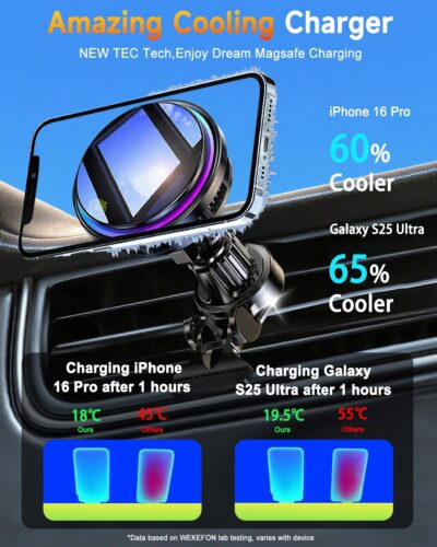 2026 Upgraded TEC & Fan Cooling Magnetic Wireless Car Charger, For 15W Magsafe Car Mount Charger, Air Vent Dashboard Fast Charging Car Phone Holder for iPhone 17/16/15/14/13/12, Samsung ＆ Pixel - Image 4
