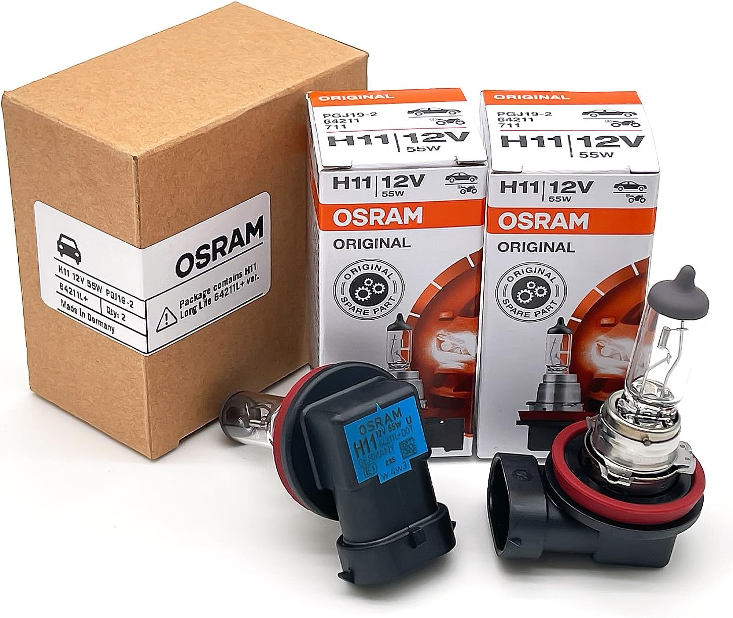 71i5pW-IJJL._AC_SL1500_.jpg OSRAM H11 OEM Original Standard Halogen Headlight Bulbs 12V 55W 64211L+ (Long Life) Made in Germany | Pack of 2 - Image 1