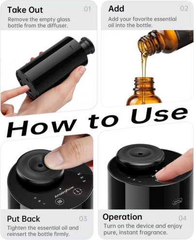 Waterless Essential Oil Diffuser with 4 x 10mL Hotel Scent Fragrance Oils, Rechargeable Car Diffuser Air Freshener Machine, 3 Timer & 3 Mist Modes, Aromatherapy Kit for Home - Image 8