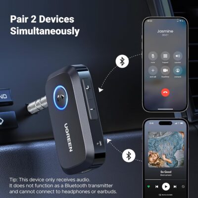 UGREEN Bluetooth 5.4 Car Adapter, Hands-Free Call & Noise Cancelling AUX to Bluetooth Adapter for Car, 3.5mm Audio Blue-Tooth Receiver for Cars Stereo Home Speaker - 15H Battery Life - Image 6