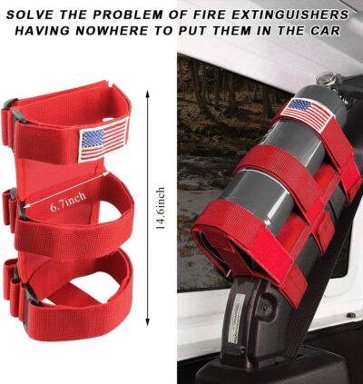 Fire Extinguisher Holder, Adjustable Extinguisher Fixed Belt with American Flag Pattern, Roll Bar Fire Extinguisher Mount Strap Bracket for Wrangler JK JKU TJ CJ Gladiator (Red) - Image 2