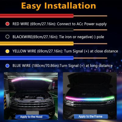 59 Inches RGB Multi-Color Dynamic Scanning Starter Hood Lights, Car LED Hood Light Strip, Exterior Flexible Headlight Waterproof Daytime Running Lamps Strips (1 Set) - Image 5