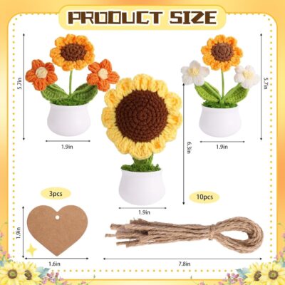 3 PCS Crochet Flower Pot,Crochet Sunflower Flowers Small Potted Plants Handmade Knitted Flower Mothers Day Valentines Gifts Desk Car Dashboard Decor Gifts - Image 2