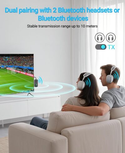 Bluetooth Transmitter Receiver, 3.5MM to Bluetooth 5.3 Transmitter, 2-in-1 Airplane Adapter for Headphone, TV, Airplane, Home Stereo, Speakers, Headphone, Car, Dual Connection - Image 5