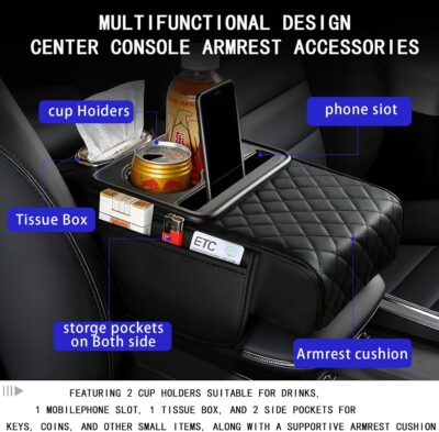 Car Armrest Cushion, Car Center Console Cover, Leather Armrest Cover for Car, Universal Middle Console Cushion with Storage Box, Cup Holder, Phone Slot, Waterproof Interior Accessories (Black) - Image 5