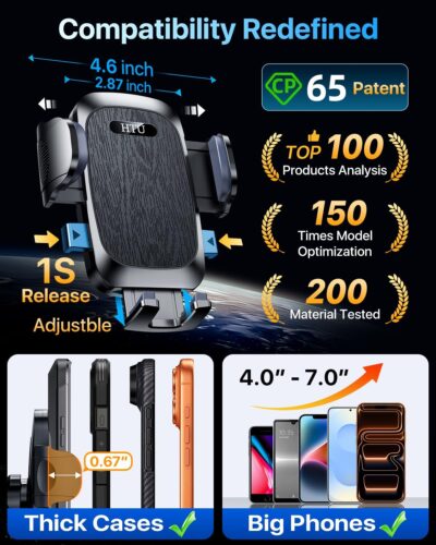 HTU 【98+LBS Strongest Suction & Military-Grade】 Ultimate Car Phone Mount【Patent & Safety Certs】 Cell Phone Holder Truck Stand for Dashboard Windshield Vent for iPhone 17 Pro Max 16 15 Samsung (Black) - Image 4