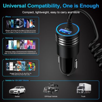 Android Car Charger Fast Charging Cord Type C 3.4A USB C Cigarette Lighter Adapter with Coiled Cable for Samsung Galaxy S26 S25 S24 S23 Z Flip 7 6 5 4 3 Z Fold 7 6 5 4 A17 A16 A35 A25 A15 A54 A14 A53 - Image 7