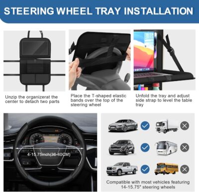 Car Backseat Organizer with Detachable Steering Wheel Tray, 11-Pockets Storage & Tablet Holder, Kids Kick Mats Protector - Travel Accessories (1-Pack) - Image 4
