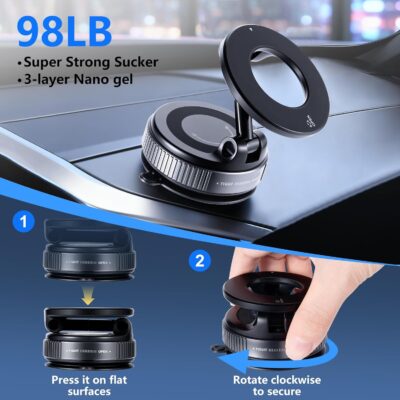 Vacuum Magnetic Suction Car Phone Holder Fold-able and and Hands-Free 360° Adjustable Rotation Phone Mount, Compatible with All Smartphones - Image 4