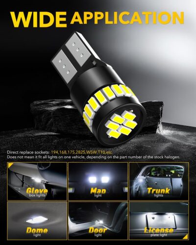 AUXITO 194 LED Light Bulb 6000K White 168 2825 W5W T10 Wedge 24-SMD 3014 Chipsets LED Replacement Light Kit Error Free for Car Interior Dome Map Door License Marker Lights, Pack of 10 - Image 5