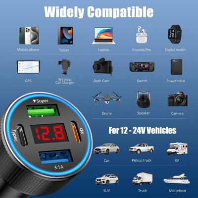 Car Charger USB C, 78W 4 Port Fast Charging Car Phone Charger Adapter, Dual USB-C & USB-A Cigarette Lighter Adapter with Voltmeter Vehicle Accessories for iPhone 17 16, iPad, Samsung, Android - Image 7
