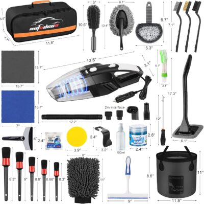 AUTODECO 41Pcs Car Cleaning Wash Kit Interior Detailing Cleaner Kit with High Power Handheld Vacuum, Collapsible Bucket, Windshield Tool, Snow Shovel, Tire Brush, Complete Car Care Tools, Black - Image 9