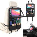 Car Backseat Organizer with Detachable Steering Wheel Tray, 11-Pockets Storage & Tablet Holder, Kids Kick Mats Protector - Travel Accessories (1-Pack)