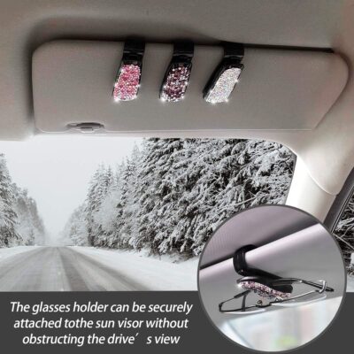 Moly Magnolia 2 PCS Glasses Holders for Car Sun Visor, Fashion Bling Crystal Rhinestones Car Eyeglasses Sunglasses Hanger Mount with Ticket Card Clip for Women Girls (Silver) - Image 4