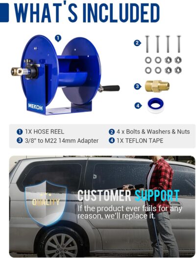MEKOH Pressure Washer Hose Reel 100FTx3/8”, 200FTx1/4” Manual Power Washer Hose Reel with M22 14mm Fitting,4500PSI Heavy Duty Hose Reel for Water,High Pressure Metal Reel with Wall/Van/Trailer Mount - Image 9
