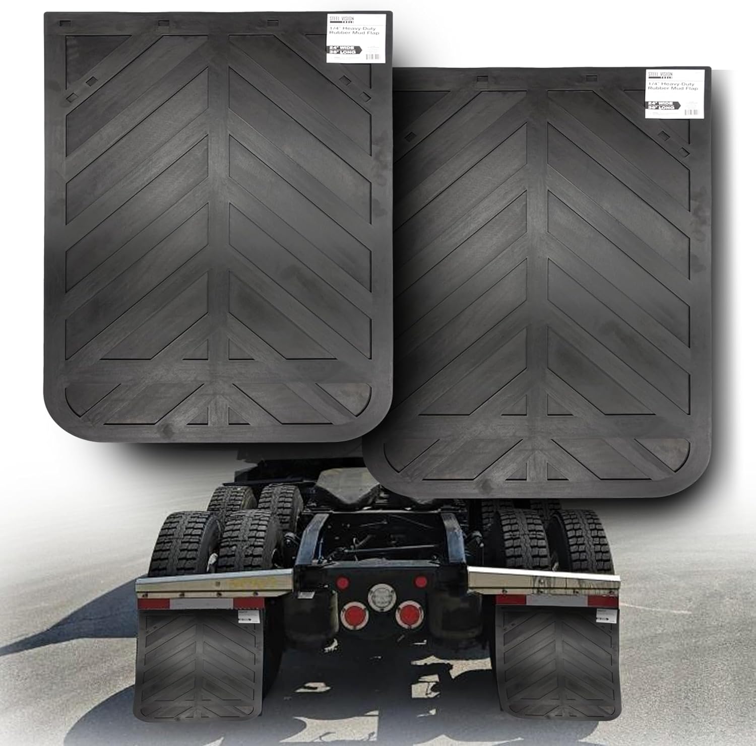 71jvkO-w6ZL._AC_SL1500_.jpg SteelVision (2 Pieces) Black Semi Truck and Trailer Mud Flaps, Rubber Mud Flap for Semi Trucks - Chevron, 24" x 36" Heavy Duty Rubber Pair Mud Flaps, Thickness: 1/4 inch, 2 pcs (24 x 36 inch) - Image 1