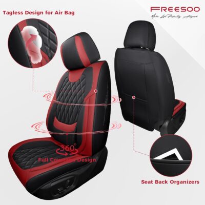 FREESOO Black Red Car Seat Covers Full Set - Faux Nappa Leather Seat Covers for Cars, Breathable Waterproof Front Seats with Lumbar Support and Rear Seat Cover, Fit for Automotive Sedans SUVs Pickups - Image 2