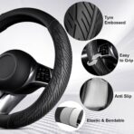 CAR PASS Leather Rubber Steering Wheel Covers Set,Heavy Duty Steering Wheel Covers&Mobile Phone Holder, Tire Tread Pattern Design,Non-Slip Wear-Resistant,Suitable for Steering Wheel 14 1/2”-15”Black - Image 2