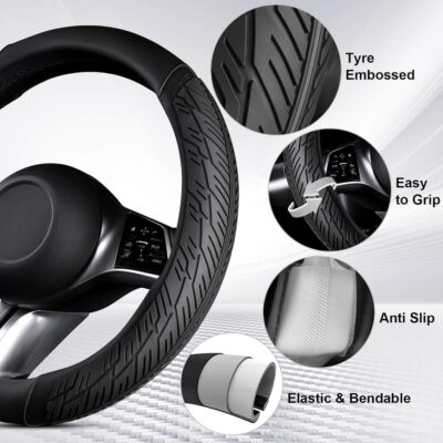 CAR PASS Leather Rubber Steering Wheel Covers Set,Heavy Duty Steering Wheel Covers&Mobile Phone Holder, Tire Tread Pattern Design,Non-Slip Wear-Resistant,Suitable for Steering Wheel 14 1/2”-15”Black - Image 2