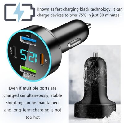 4-Port USB Car Charger,Car Charger Adapter with Blue LED,PD+QC3.0+Type C Ports Car Charger Adapter for Car Truck SUV Compatible with iPhone/Android (QC3.0+PD+2.4A+Type-C) - Image 5