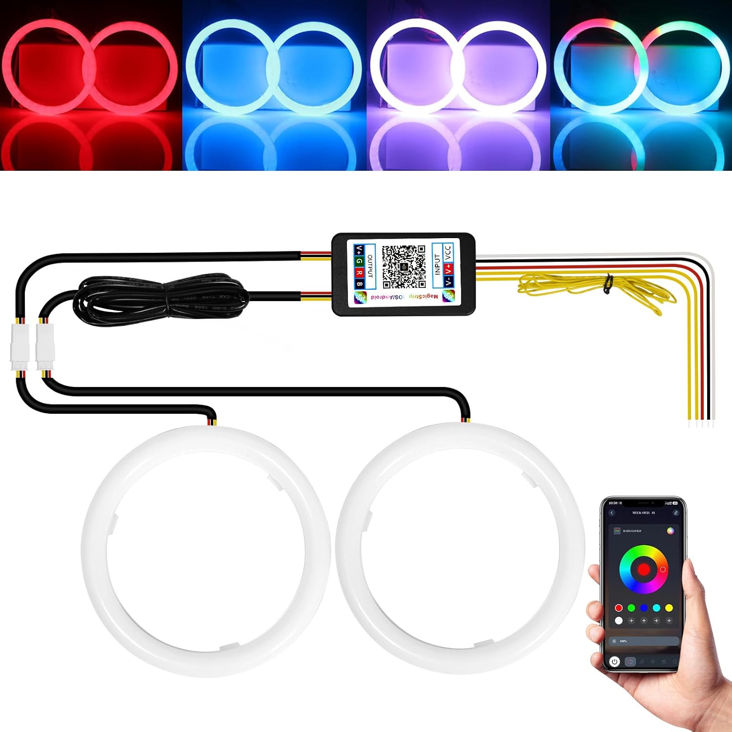 71k3voUXieL._AC_SL1500_.jpg Qasim Angel Eyes Halo Rings Cotton Lights 12V 70MM RGB LED Universal for Car Scooter Motorcycle DRL Fog Light Turn Signal Light APP Bluetooth Control Multi-Color 2-Pack - Image 1