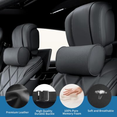 Car Headrest Pillow for Driving - Luxury Leather 100% Memory Foam, Ergonomic Neck Support - Universal Fit Head Rest Travel Pillow for Most Cars, Home & Office, Black, 2 Pack - Image 4
