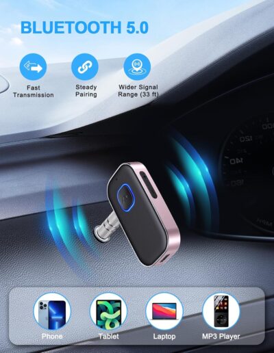 COMSOON Bluetooth AUX Adapter for Car, Noise Reduction Bluetooth Receiver for Music/Hands-Free Calls, Wireless Audio Receiver for Home Stereo/Speaker, 16H Battery Life/Dual Connect (Black+Pink) - Image 2