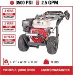 Simpson 61014 3500 PSI at 2.5 GPM Honda GX200 with AAA AX300 Axial Cam Pump Cold Water Professional Gas Pressure Washer PS61002-S - Image 3