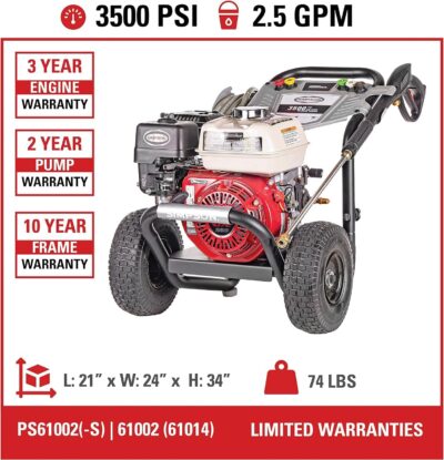 Simpson 61014 3500 PSI at 2.5 GPM Honda GX200 with AAA AX300 Axial Cam Pump Cold Water Professional Gas Pressure Washer PS61002-S - Image 3