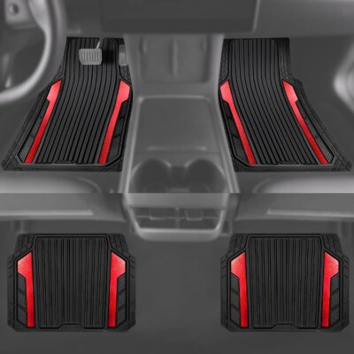 CAR PASS Heavy Duty Rubber Car Mats Metallic, Aluminum Film All Weather Floor Mats Waterproof Universal Trim to Fit Automotive SUV Sedan Van 4 Piece Anodized Deep Dish Two-Tone Sporty Black Red Chrome - Image 5