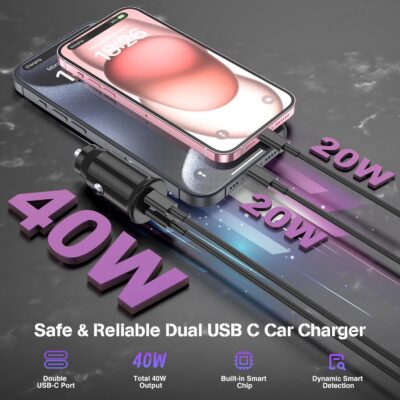 for iPhone 17 16 15 Car Charger Fast Charging, 40W Dual Port USB C Car Charger with 2Pack USB C Cable 3ft,Type C Car Adapter for iPhone 17 Air/ 17 16 15 Pro/Pro Max,iPad Pro,iPad Air 5/4/Mini-Black - Image 2