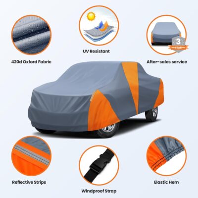 420d Truck Cover Universal Fit for Chevy Silverado for GMC Sierra for Ford F150 for RAM 1500 Waterproof Car Cover All Weather Pickup Cover with Reflective Strips(M+, Length Up to 220 inch) - Image 4