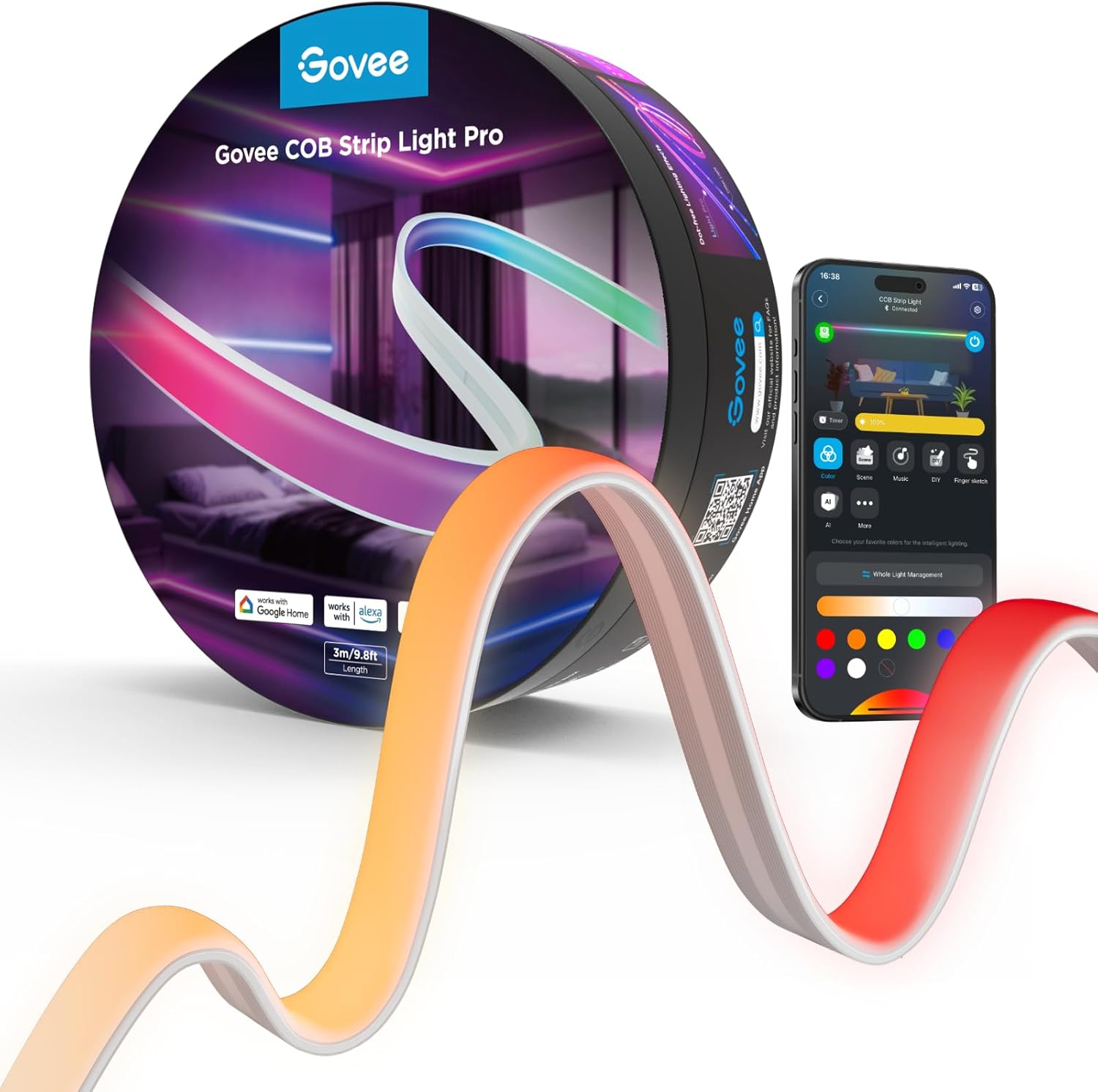 71kZjaRt7hL._AC_SL1500_.jpg Govee COB LED Strip Light Pro, LED Lights for Bedroom Compatible with Alexa, Google Assistant and Matter, RGBICW Light with Warm White, Smart Strip Light, LED Lights for Bedroom, Color Changing, 9.8ft - Image 1