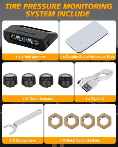 RV Tire Pressure Monitoring System, Wireless TPMS with Solar Charger and USB, 4 Sensors and 6 Alarm Modes Real-time Color LCD Display Tire Pressure Monitor System for SUV Mpv Sedan Truck - Image 8