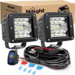 Nilight 2Pcs 3Inch 42W LED Cubes Upgraded Spot Flood Combo Square Driving Fog Off Road Lights 12V 5Pin Rocker Switch Wiring Harness Kit-2 Leads