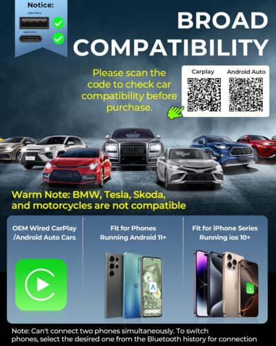 AuroraLink Wireless Carplay Adapter for Apple iPhone & Android Auto 2-in-1 Fast & Stable Carplay Wireless Adapter Convert Wired to Wireless Car Play Dongle for iOS 10+/Android 11+ (Grey) - Image 6