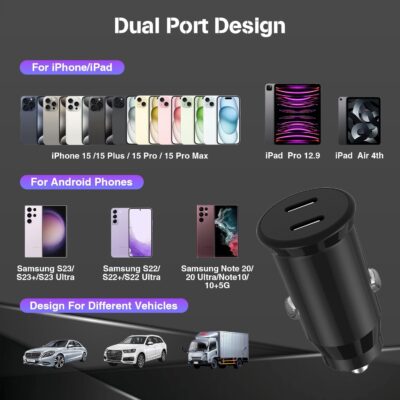 for iPhone 17 16 15 Car Charger Fast Charging, 40W Dual Port USB C Car Charger with 2Pack USB C Cable 3ft,Type C Car Adapter for iPhone 17 Air/ 17 16 15 Pro/Pro Max,iPad Pro,iPad Air 5/4/Mini-Black - Image 6