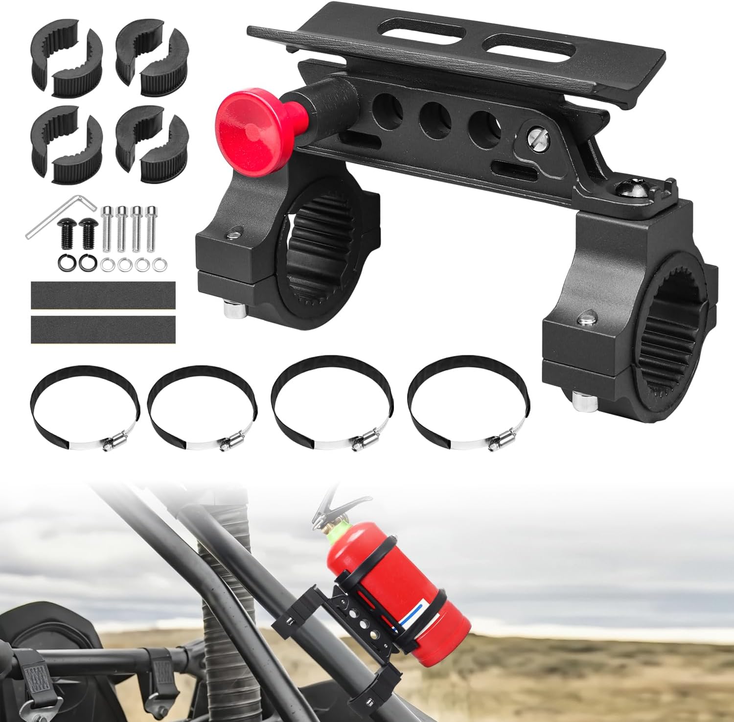 71krgQtVzL._AC_SL1500_.jpg Quick Release Roll Bar Fire Extinguisher Mount Holder Bracket Kits Compatible with for UTV Polaris RZR Pioneer Can Am Maverick X3 Commander Talon ATV Jeep Wrangler with 1''-2'' Roll Cage - Image 1