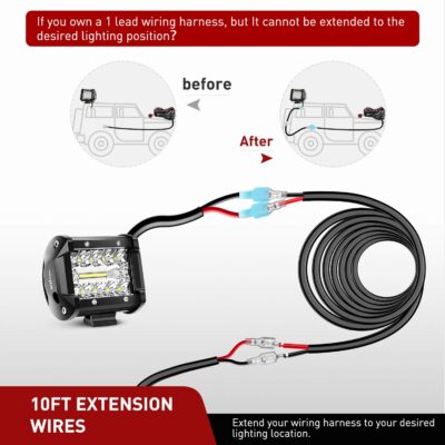 Nilight 2PCS 16 AWG 10 Feet Wiring Harness Extension Kit for LED Work Light Bar Led Pods Off Road Lights Driving Fog Light Boat Lighting, 2 Years Warranty,black - Image 6